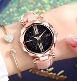 Stuff Certified® Minimalistische Uhr Sternenhimmel für Damen - Fashion Casual Lederarmband Quarz Hellrot