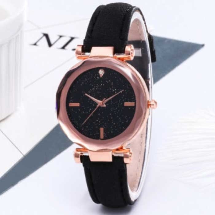 Minimalist Watch Starry Sky for Women - Fashion Casual Leather Strap Quartz Black