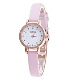 Huans Vintage Small Dial Watch For Women - Leather Strap Quartz Wristwatch Pink