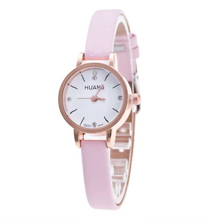 Vintage kleine Zifferblatt-Uhr für Frauen - Lederband Quarz Armbanduhr Pink