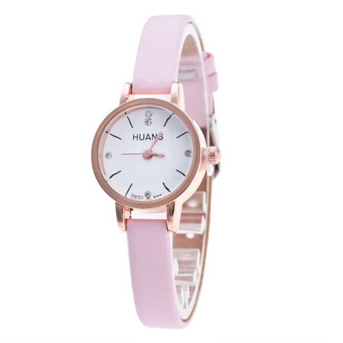 Vintage Small Dial Watch For Women - Leather Strap Quartz Wristwatch Pink