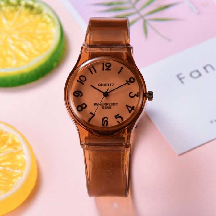 Transparente Candy Jelly Watch Mujer - Reloj de pulsera de cuarzo de silicona resistente al agua marrón
