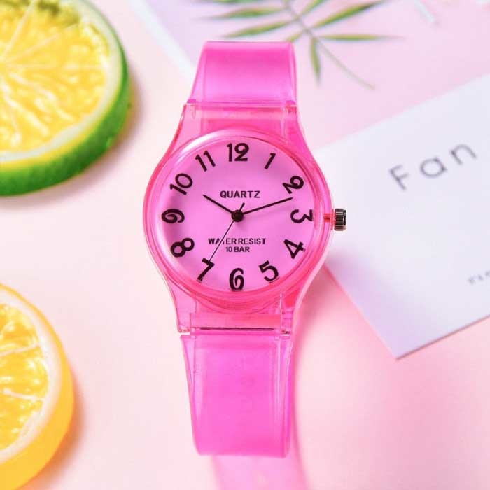 Transparant Candy Jelly Horloge Dames - Waterdicht Siliconen Kwarts Polshorloge Donkerroze