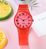 Stuff Certified® Przezroczysty zegarek z galaretki cukierkowej dla kobiet - wodoodporny silikonowy kwarcowy zegarek na rękę w kolorze ciemnoróżowym