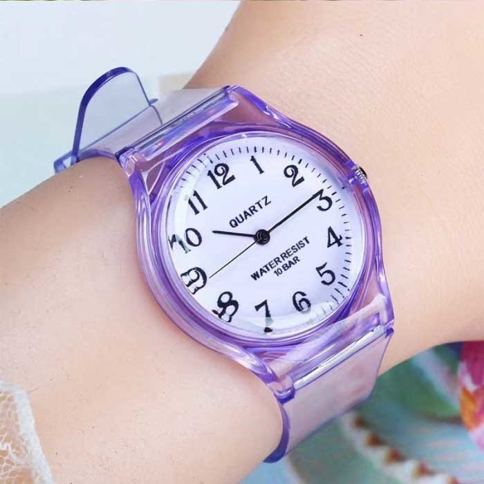 Przezroczysty zegarek z galaretki cukierkowej dla kobiet - wodoodporny silikonowy zegarek kwarcowy na rękę fioletowy
