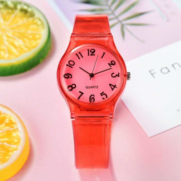 Transparente Candy Jelly Watch Mujer - Reloj de pulsera de cuarzo de silicona resistente al agua rojo