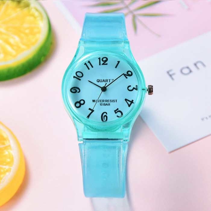 Transparente Candy Jelly Watch Mujer - Reloj de pulsera de cuarzo de silicona resistente al agua azul