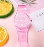 Stuff Certified® Przezroczysty zegarek z galaretki cukierkowej dla kobiet - wodoodporny silikonowy zegarek kwarcowy różowy