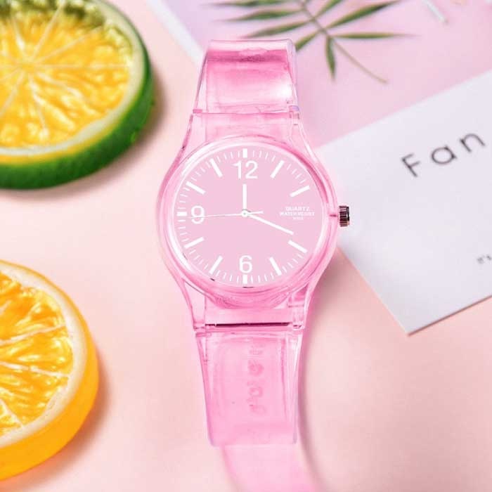 Przezroczysty zegarek z galaretki cukierkowej dla kobiet - wodoodporny silikonowy zegarek kwarcowy różowy