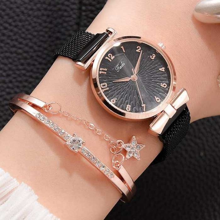 Luxury Watch with Bracelet for Women - Quartz Wristwatch Magnetic Strap Black