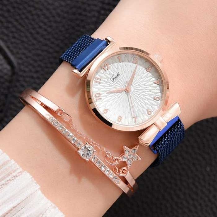 Luxury Watch with Bracelet for Women - Quartz Wristwatch Magnetic Strap Blue