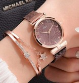 LVPAI Luxusuhr mit Armband für Damen - Quarz-Armbanduhr mit Magnetband Kaffeebraun