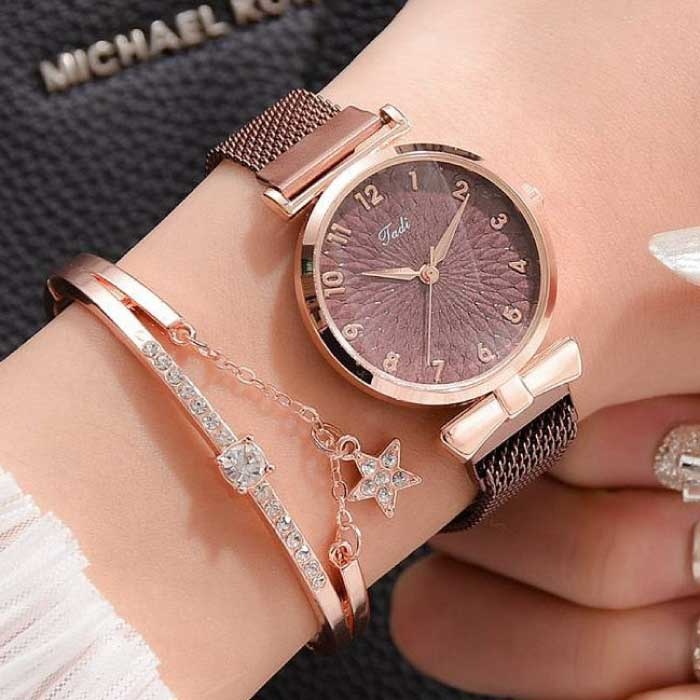 Luxe Horloge met Armband voor Dames - Kwarts Polshorloge Magnetisch Bandje Koffiebruin