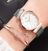LVPAI Luxusuhr mit Armband für Damen - Quarz-Armbanduhr Magnetband Rot