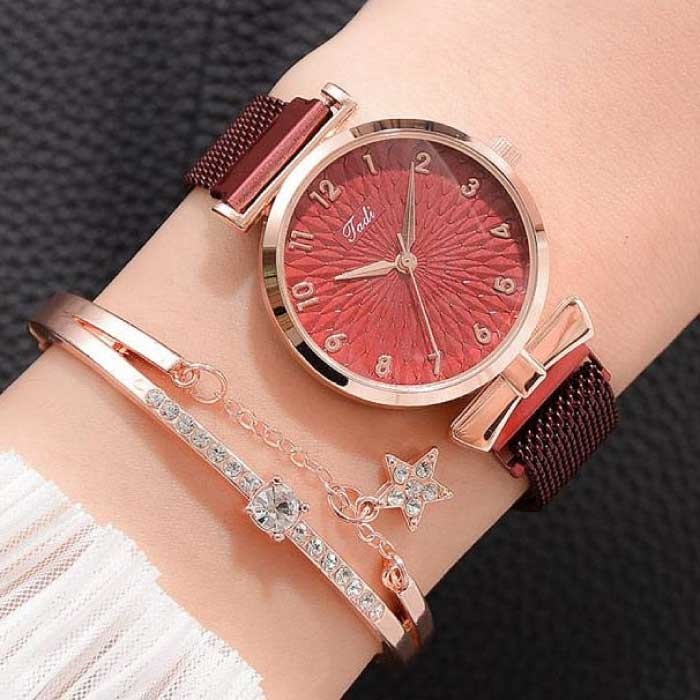Luxury Watch with Bracelet for Women - Quartz Wristwatch Magnetic Strap Red