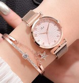 LVPAI Luxury Watch with Bracelet for Women - Quartz Wristwatch Magnetic Strap Pink