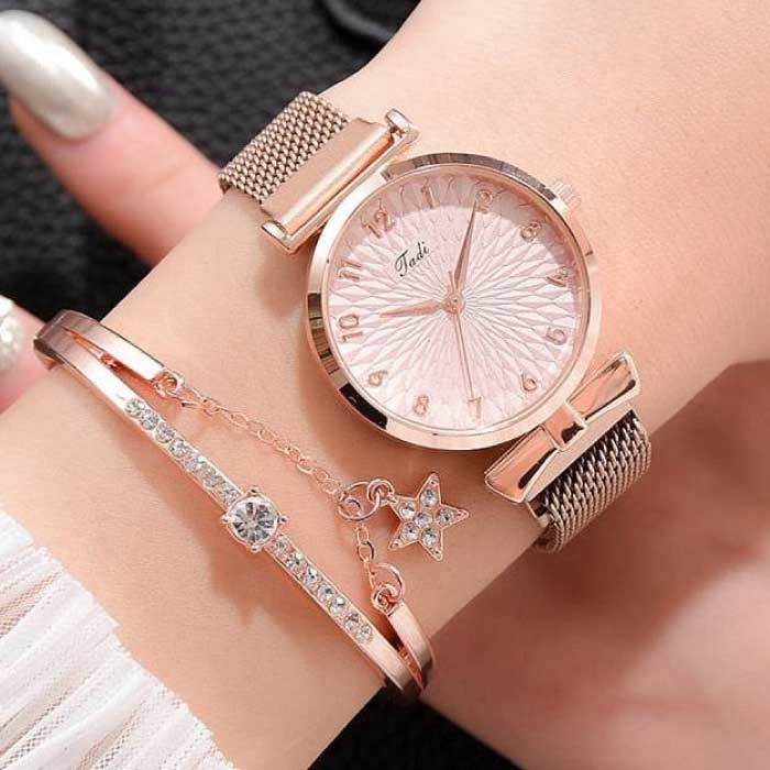 Luxury Watch with Bracelet for Women - Quartz Wristwatch Magnetic Strap Pink