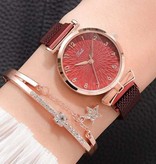 LVPAI Luxury Watch with Bracelet for Women - Quartz Wristwatch Magnetic Strap Pink