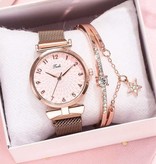 LVPAI Luxury Watch with Bracelet for Women - Quartz Wristwatch Magnetic Strap Pink