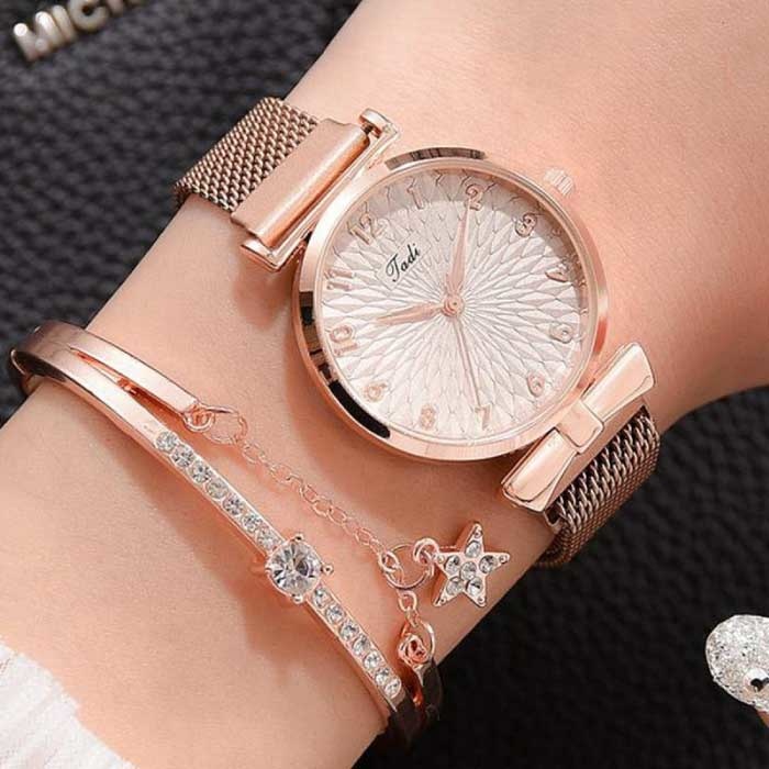 Luxury Watch with Bracelet for Women - Quartz Wristwatch Magnetic Strap Rose Gold