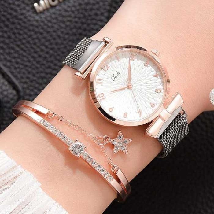 Luxury Watch with Bracelet for Women - Quartz Wristwatch Magnetic Strap Silver