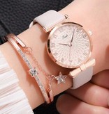 LVPAI Luxury Watch with Bracelet for Women - Quartz Wristwatch Leather Strap Black