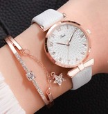 LVPAI Luxusuhr mit Armband für Damen - Quarz-Armbanduhr Lederband Schwarz