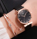 LVPAI Luxury Watch with Bracelet for Women - Quartz Wristwatch Leather Strap Black