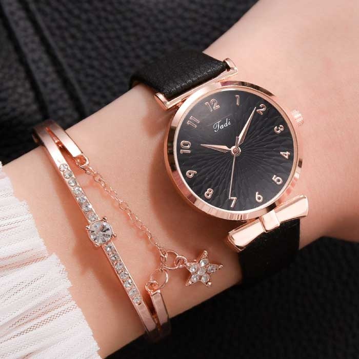 Luxury Watch with Bracelet for Women - Quartz Wristwatch Leather Strap Black