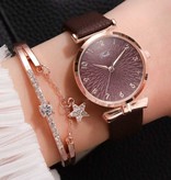 LVPAI Luxury Watch with Bracelet for Women - Quartz Wrist Watch Leather Strap Coffee Brown