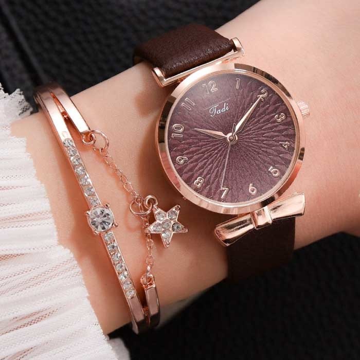 Luxury Watch with Bracelet for Women - Quartz Wrist Watch Leather Strap Coffee Brown