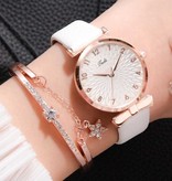 LVPAI Luxusuhr mit Armband für Damen - Quarz-Armbanduhr Lederband weiß