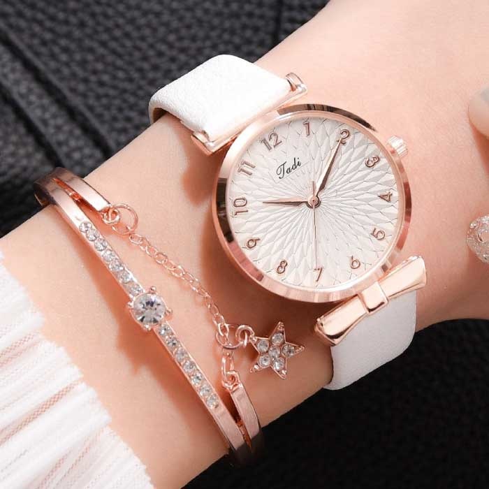 Luxury Watch with Bracelet for Women - Quartz Wristwatch Leather Strap White