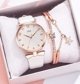 LVPAI Reloj de Lujo con Pulsera para Mujer - Reloj de Pulsera de Cuarzo Correa de Cuero Blanco