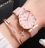 LVPAI Luxusuhr mit Armband für Damen - Quarz-Armbanduhr Lederarmband Grau