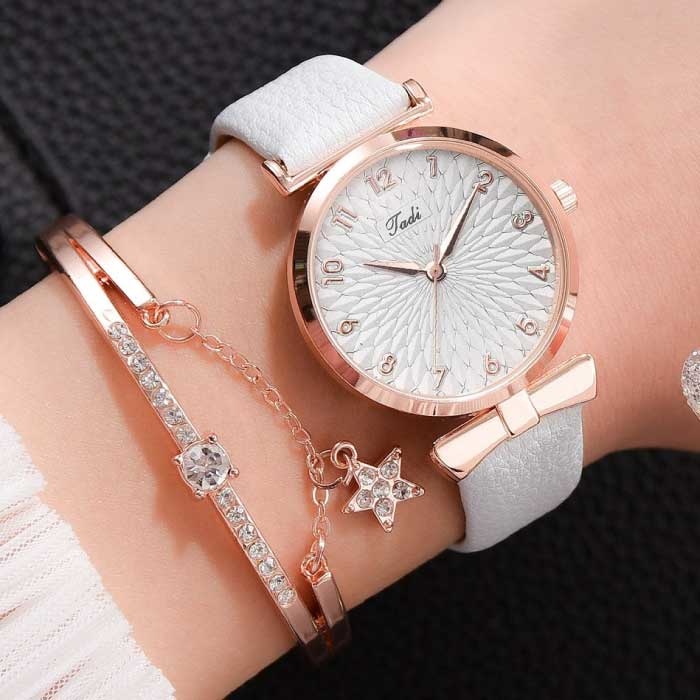 Luxury Watch with Bracelet for Women - Quartz Wristwatch Leather Strap Gray