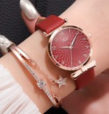 LVPAI Luxury Watch with Bracelet for Women - Quartz Wrist Watch Leather Strap Pink