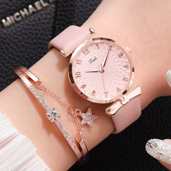 Luxury Watch with Bracelet for Women - Quartz Wrist Watch Leather Strap Pink