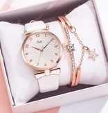 LVPAI Luxusuhr mit Armband für Damen - Quarz-Armbanduhr Lederarmband Pink