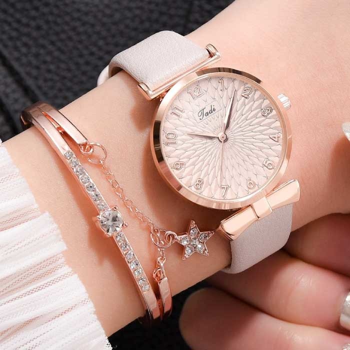 Luksusowy zegarek z bransoletą dla kobiet - kwarcowy zegarek na rękę ze skórzanym paskiem w kolorze różowego złota