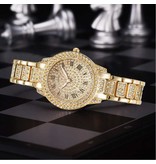 LVPAI Reloj de diamantes con pulsera para mujer - Reloj de cuarzo de diamantes de imitación de lujo dorado