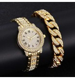 LVPAI Diamantuhr mit Armband für Damen - Luxus-Strass-Quarzuhr Gold