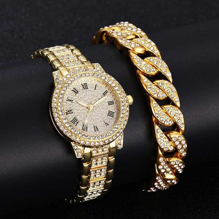 Diamond Watch with Bracelet for Women - Luxury Rhinestone Quartz Watch Gold