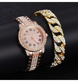 LVPAI Diamentowy zegarek z bransoletą dla kobiet - luksusowy kwarcowy zegarek z kryształkami różowego złota