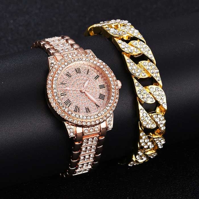 Diamantuhr mit Armband für Damen - Luxus-Quarzuhr mit Strasssteinen in Roségold