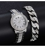 LVPAI Diamond Watch with Bracelet for Women - Luxury Rhinestone Quartz Watch Silver