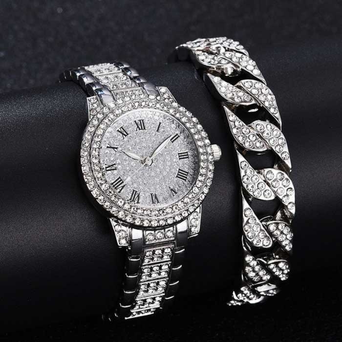 Diamantuhr mit Armband für Damen - Luxus-Quarzuhr mit Strasssteinen in Silber