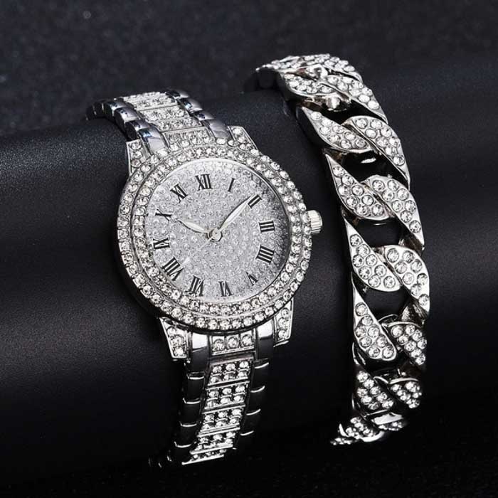 Diamond Watch with Bracelet for Women - Luxury Rhinestone Quartz Watch Silver