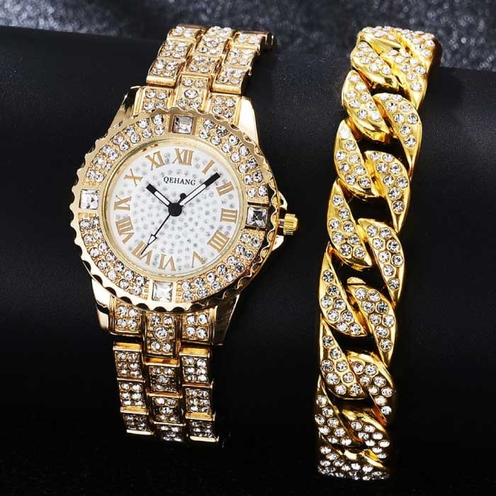 Diamond Watch with Bracelet for Women - Luxury Rhinestone Quartz Watch Silver - Copy