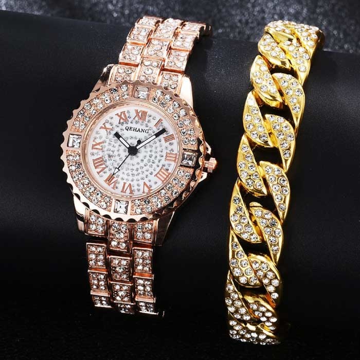 Diamantuhr mit Armband für Damen - Luxus-Quarzuhr mit Strasssteinen in Roségold